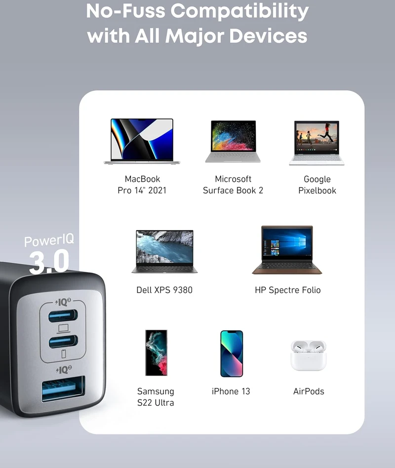 Anker 65W USB-C sieninis kroviklis, 3 jungtys, kompaktiškas GaN II maitinimo šaltinis, A2667311