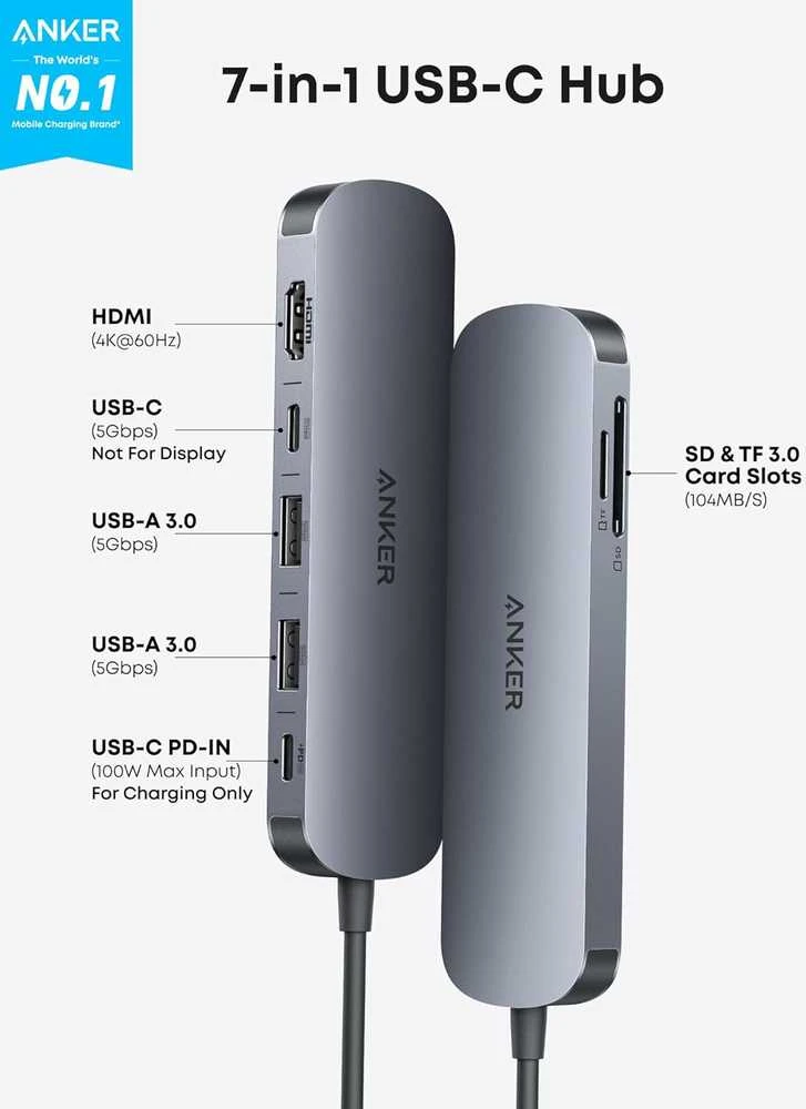 Anker 7‑in‑1 USB‑C hubas su HDMI 4K 60 Hz, 100 W PD ir SD/Micro SD skaitytuvu A83D2