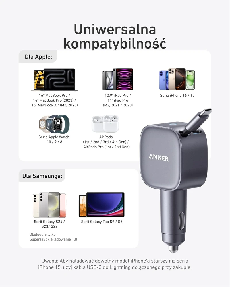 Anker automobilinis USB-C įkroviklis 75 W su 75 cm integruotu laidu ir USB-C jungtimis, ultrakompaktiškas, A2738
