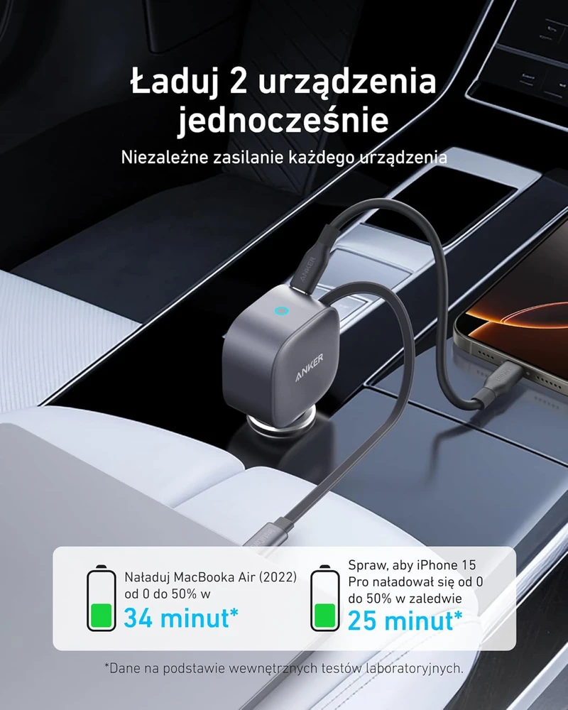Anker automobilinis USB-C įkroviklis 75 W su 75 cm integruotu laidu ir USB-C jungtimis, ultrakompaktiškas, A2738