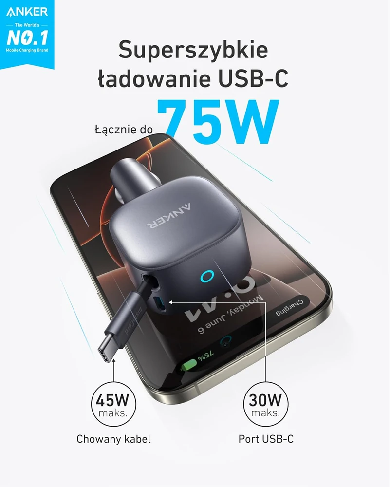 Anker automobilinis USB-C įkroviklis 75 W su 75 cm integruotu laidu ir USB-C jungtimis, ultrakompaktiškas, A2738