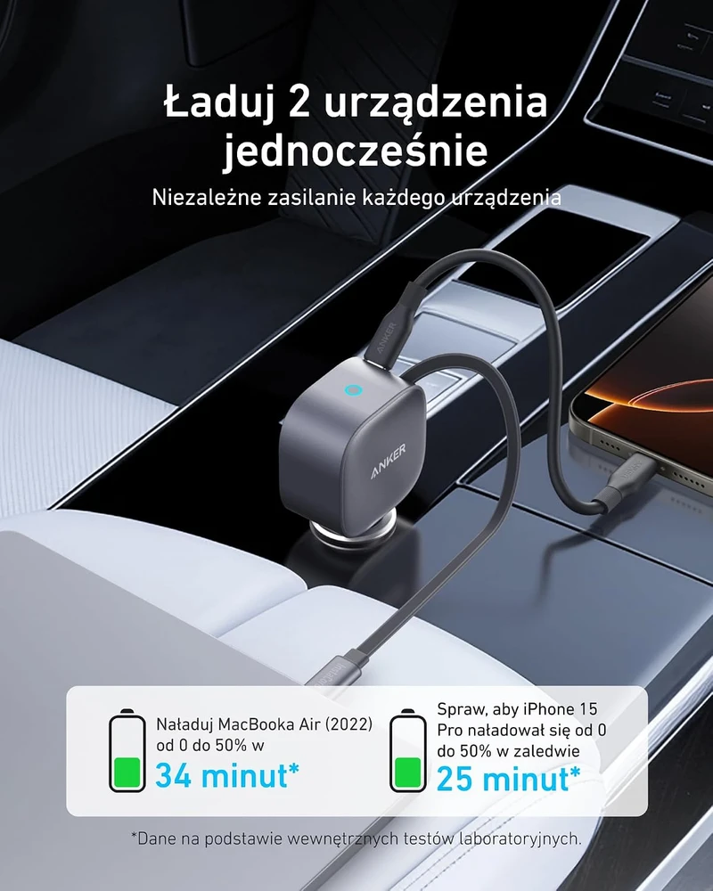 Anker automobilinis USB-C įkroviklis 75 W su 75 cm integruotu laidu ir USB-C jungtimis, ultrakompaktiškas, A2738