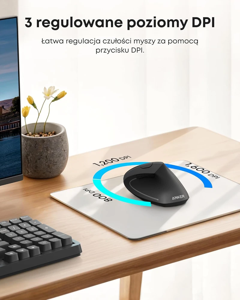 Anker belaidė vertikali ergonomiška optinė pelė, USB, 800/1200/1600 DPI, 5 mygtukai, juoda