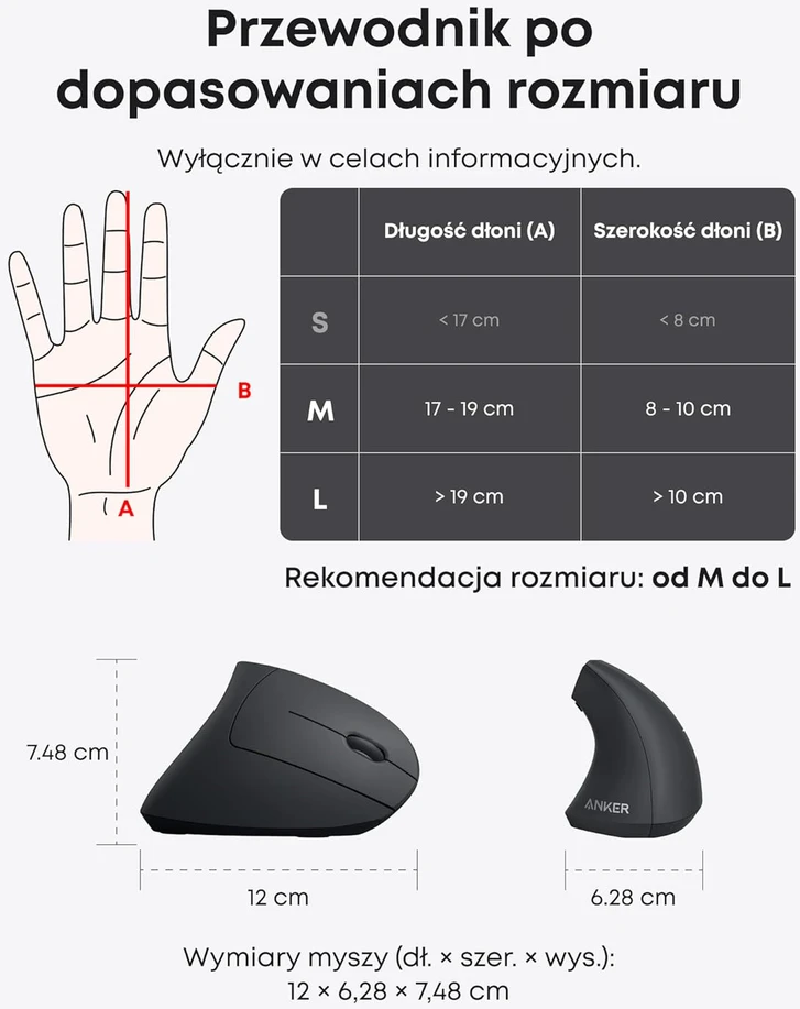 Anker belaidė vertikali ergonomiška optinė pelė, USB, 800/1200/1600 DPI, 5 mygtukai, juoda