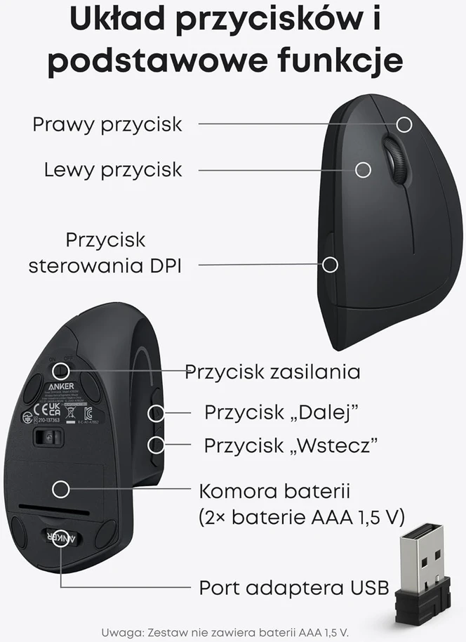 Anker belaidė vertikali ergonomiška optinė pelė, USB, 800/1200/1600 DPI, 5 mygtukai, juoda