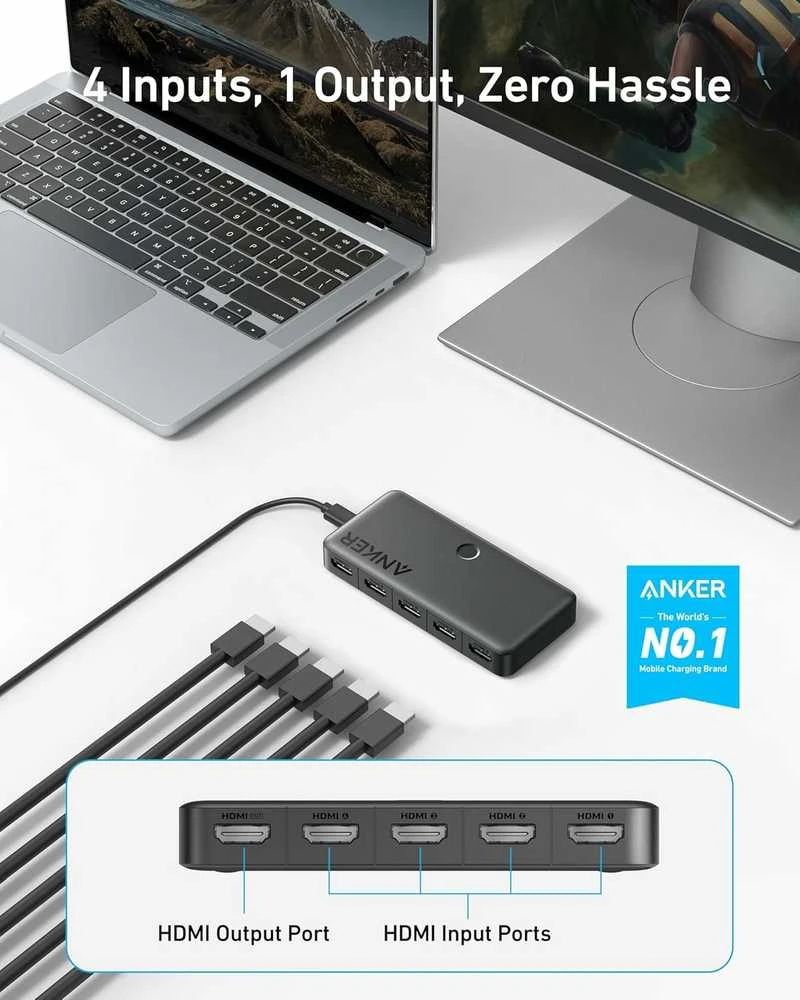 Anker HDMI bi-direkcinis 4K 60 Hz 4×1 jungiklis / skirstytuvas su nuotoliniu valdymu