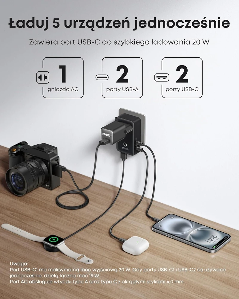 Anker kelioninis adapteris Nano 5 viename, 20 W, USB-C ir USB-A, A9215
