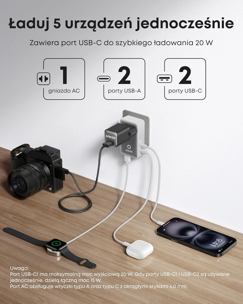 Anker kelioninis adapteris Nano su 5 jungtimis, 20 W USB-C ir kištukais daugiau nei 200 šalių A9215