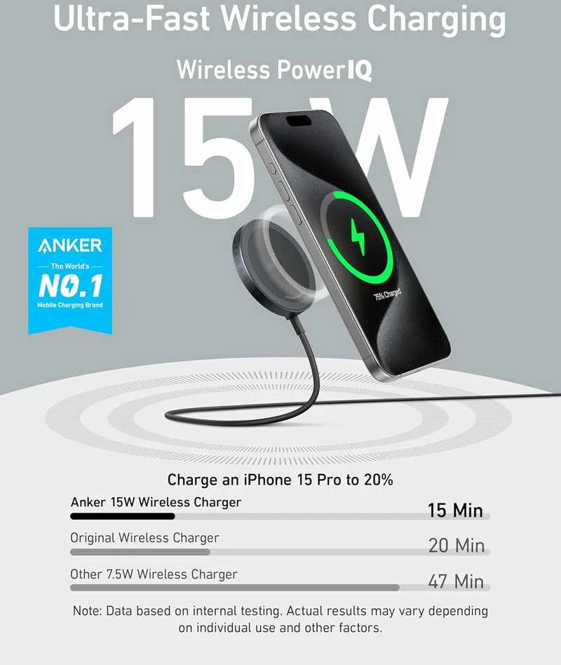 Anker MagGo belaidis magnetinis Qi2 15 W įkroviklis padeliu, juodas