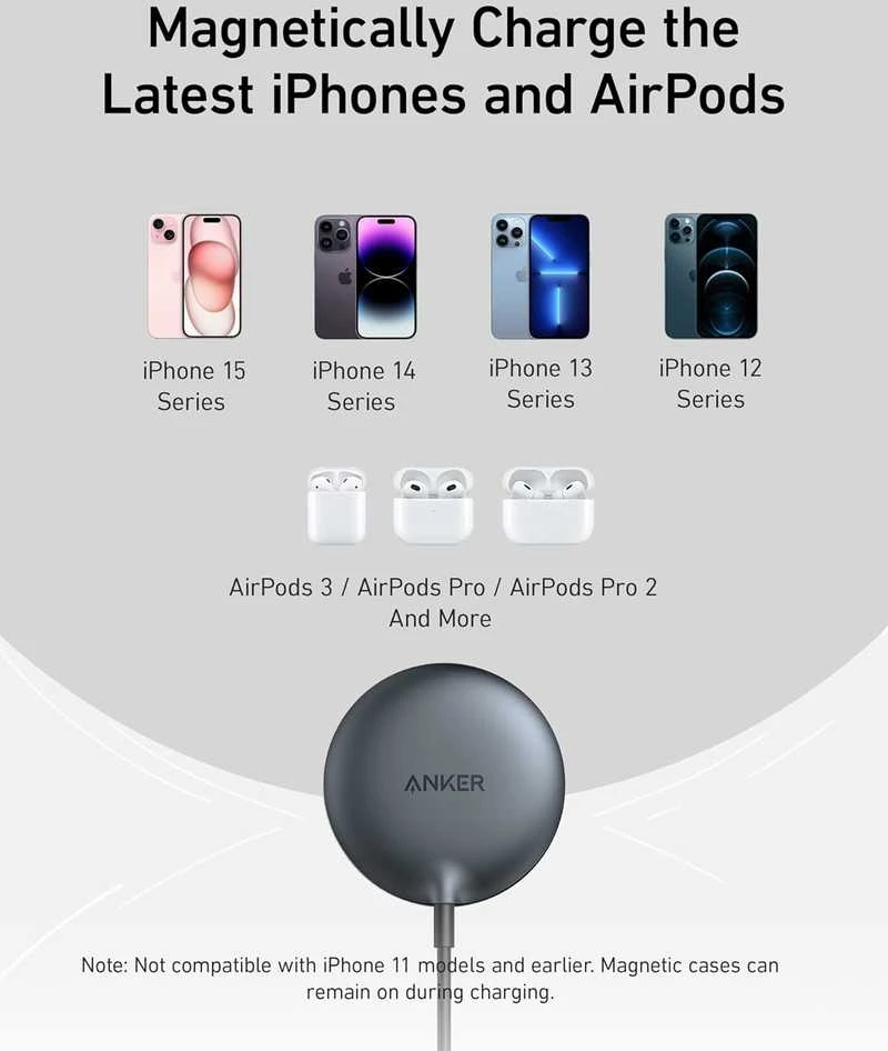 Anker MagGo belaidis magnetinis Qi2 15 W įkroviklis padeliu, juodas