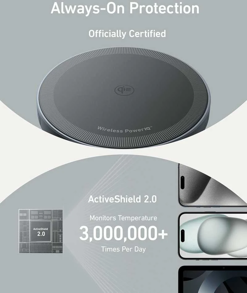 Anker MagGo belaidis magnetinis Qi2 15 W įkroviklis padeliu, juodas