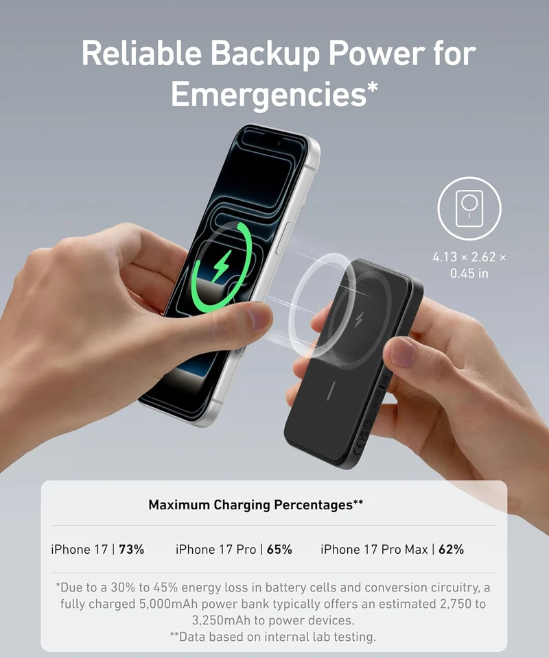 Anker magnetinis išorinis akumuliatorius 5000 mAh, USB-C laidas, tinka iPhone 16/15 serijai, juodas, A1610