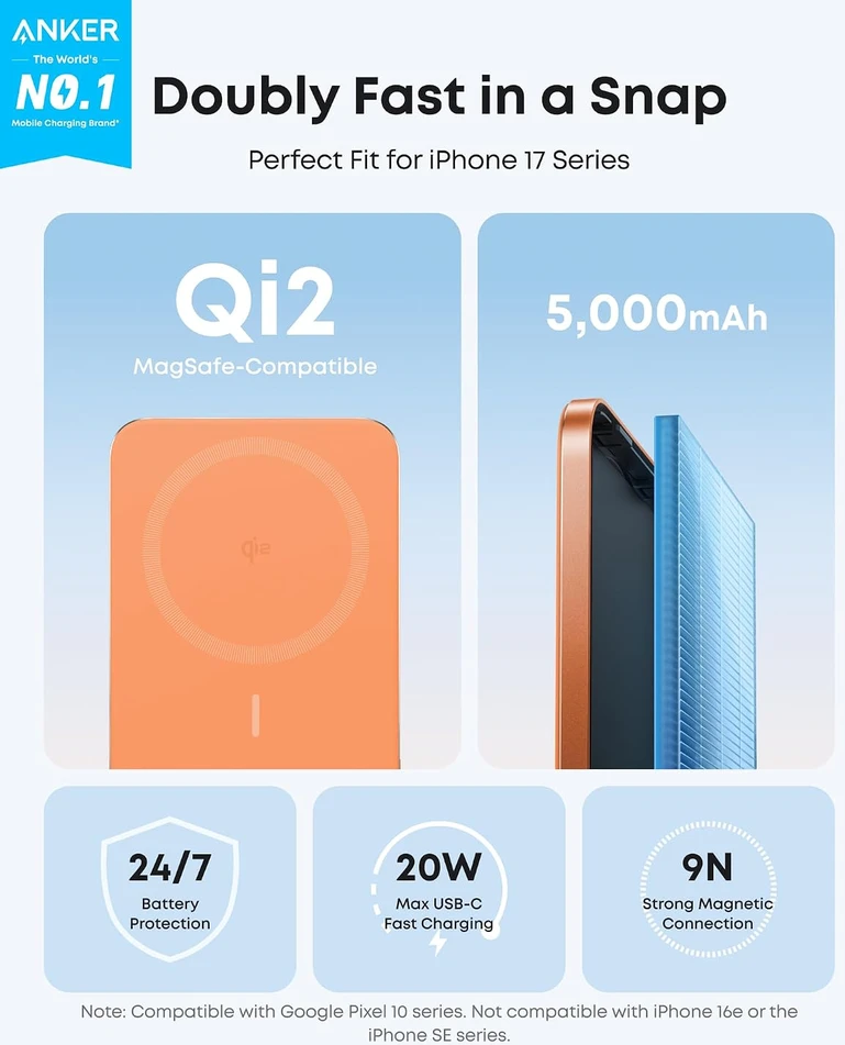 Anker magnetinis išorinis akumuliatorius 5000 mAh, 15 W MagSafe, Qi2, USB-C, Slim, A1665