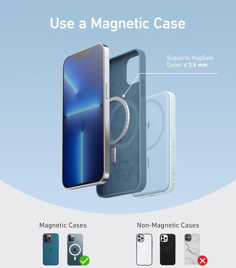 Anker magnetinis išorinis akumuliatorius 5000 mAh su USB-C laidu, suderinamas su iPhone 16/15 serija, mėlynas, A1610032