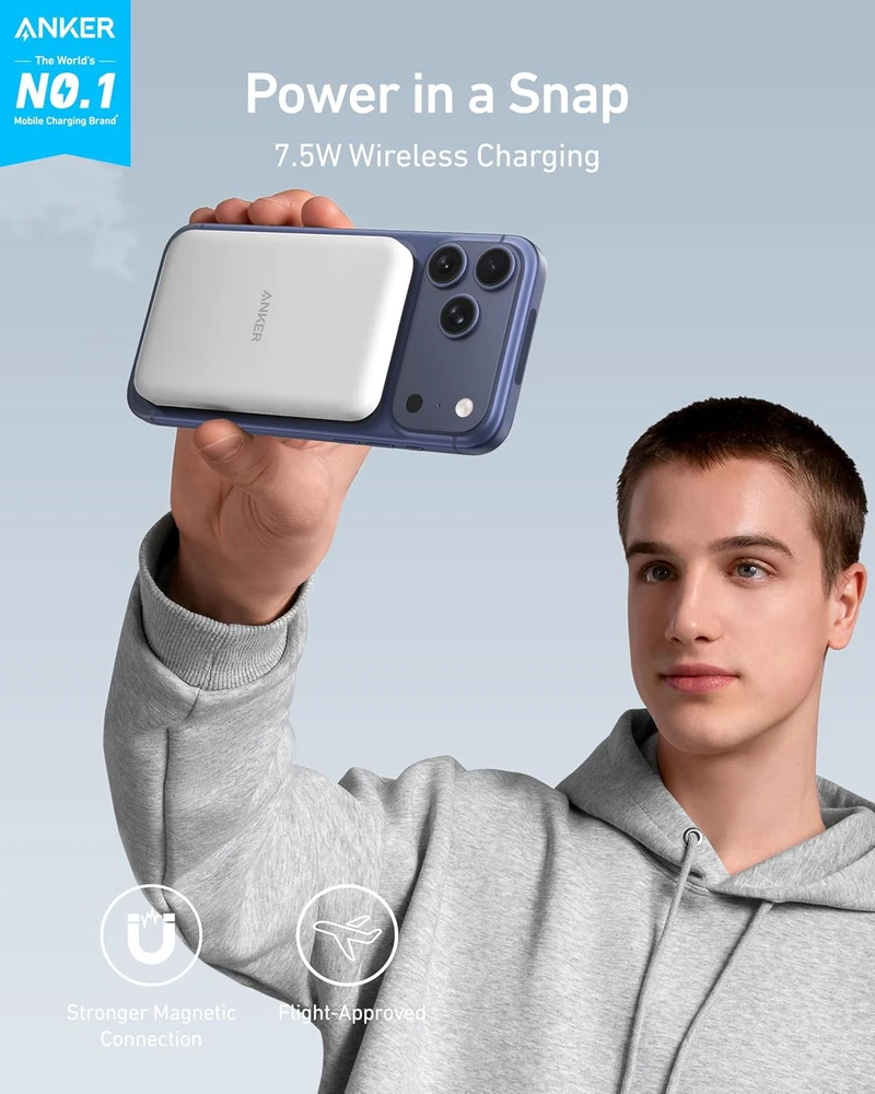 Anker magnetinis išorinis akumuliatorius 5000 mAh, USB-C, belaidis įkrovimas, balta, A1610