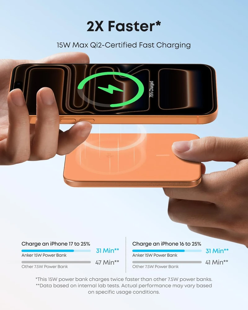 Anker magnetinis išorinis akumuliatorius 5000 mAh, 15 W MagSafe, Qi2, USB-C, Slim, A1665