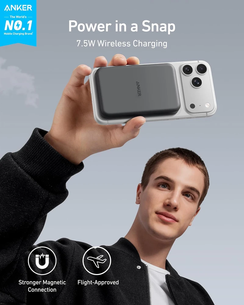 Anker magnetinis išorinis akumuliatorius 5000 mAh, USB-C laidas, tinka iPhone 16/15 serijai, juodas, A1610