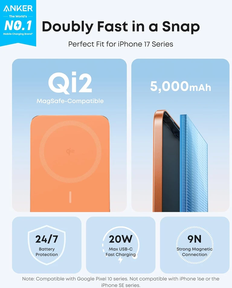 Anker magnetinis išorinis akumuliatorius 5000 mAh, 15 W MagSafe, Qi2, USB-C, Slim, A1665