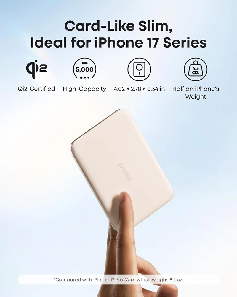 Anker magnetinis išorinis akumuliatorius 5000 mAh, 15 W Qi2, USB-C, itin plonas, auksinis, A1665