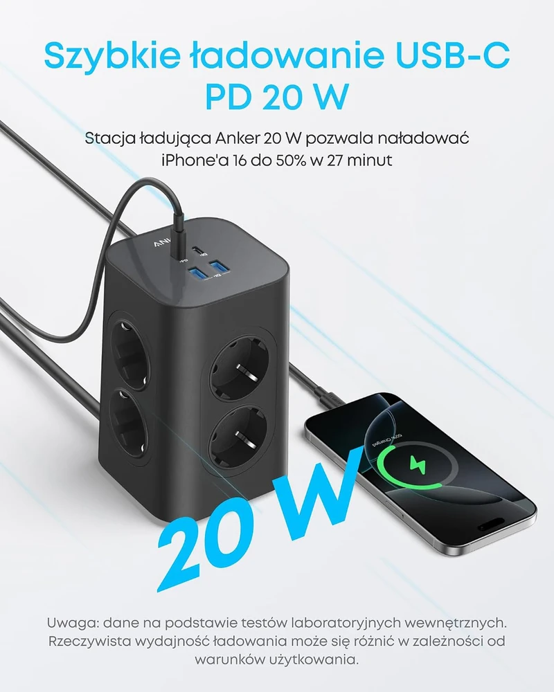 Anker maitinimo ilgintuvas su 8 lizdais ir 4 USB jungtimis, 20 W USB-C, A9185