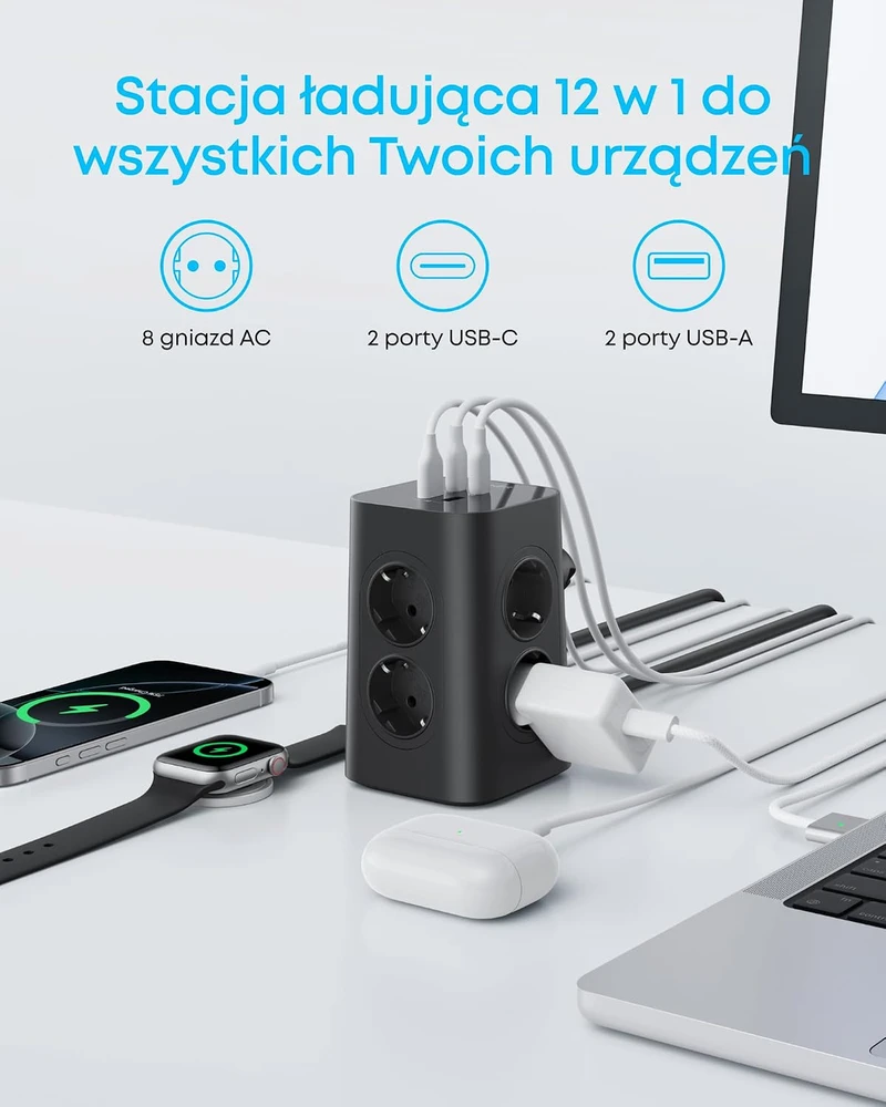 Anker maitinimo ilgintuvas su 8 lizdais ir 4 USB jungtimis, 20 W USB-C, A9185