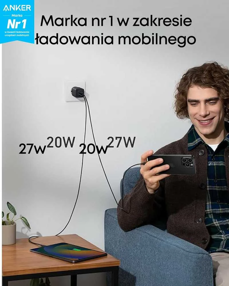 Anker Nano 3 47 W GaN USB-C sieninis įkroviklis su 2 portais, juodas