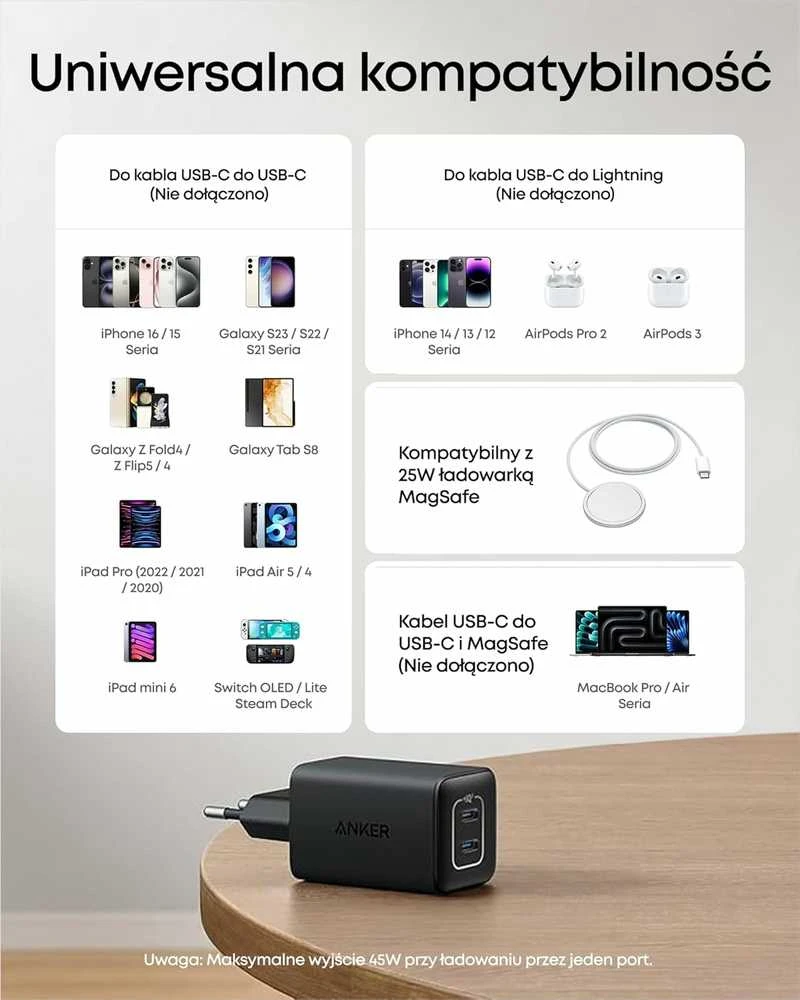 Anker Nano 3 47 W GaN USB-C sieninis įkroviklis su 2 portais, juodas