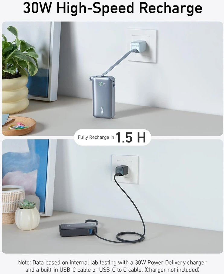 Anker Nano išorinė baterija 10000 mAh 30 W su integruotu USB-C laidu A1259
