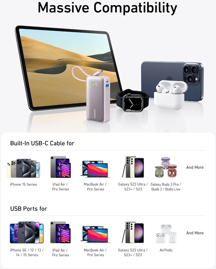 Anker Nano išorinė baterija 10000 mAh, 30 W, USB-C laidas, USB-A, A1259