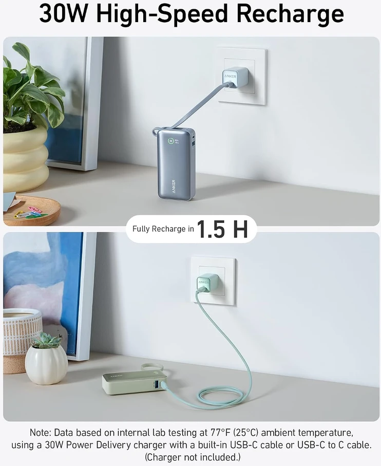 Anker Nano išorinė baterija 10000 mAh, 30 W, USB-C laidas, USB-A, A1259