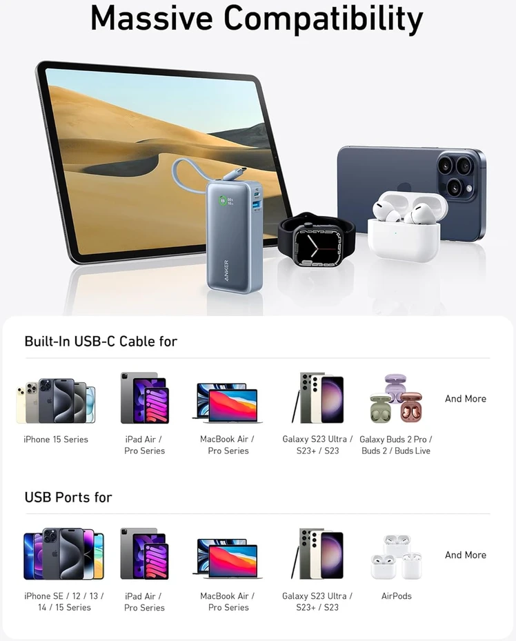 Anker Nano išorinė baterija 10000 mAh 30 W su integruotu USB-C laidu A1259