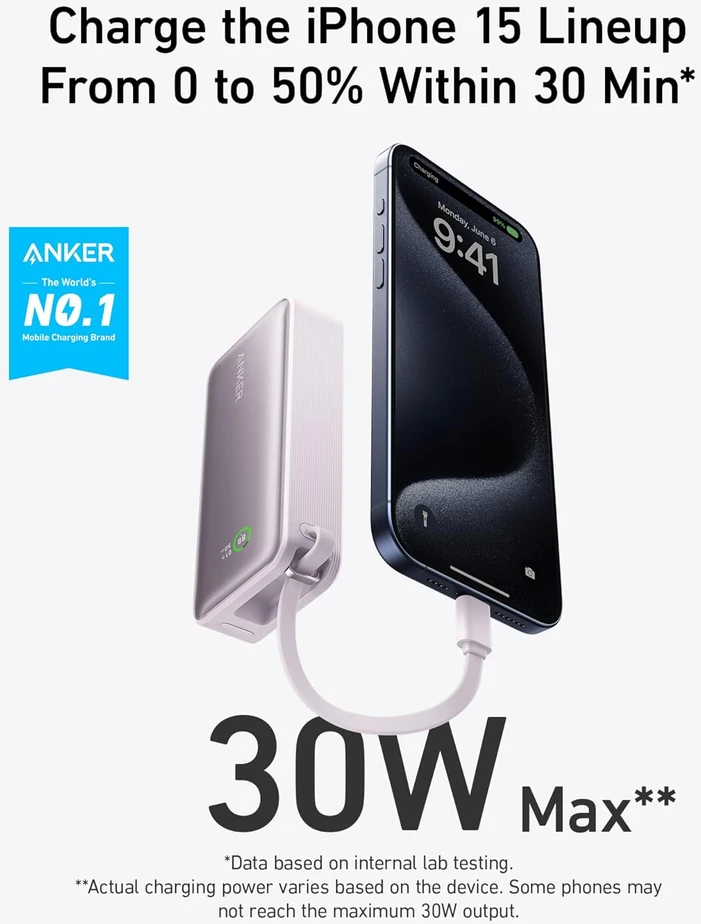 Anker Nano išorinė baterija 10000 mAh, 30 W, USB-C laidas, USB-A, A1259