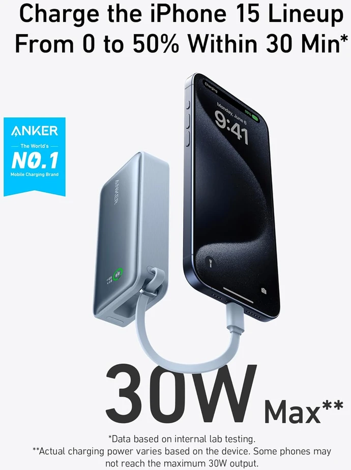 Anker Nano išorinė baterija 10000 mAh 30 W su integruotu USB-C laidu A1259