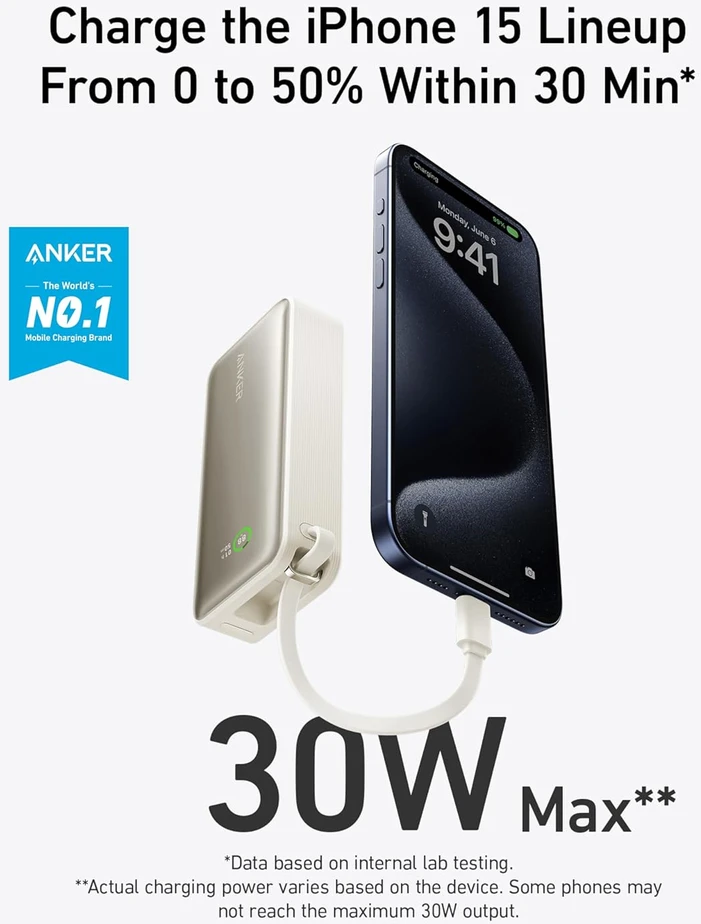 Anker Nano išorinė baterija 10000 mAh, USB-C, 30 W PD su integruotu kabeliu A1259