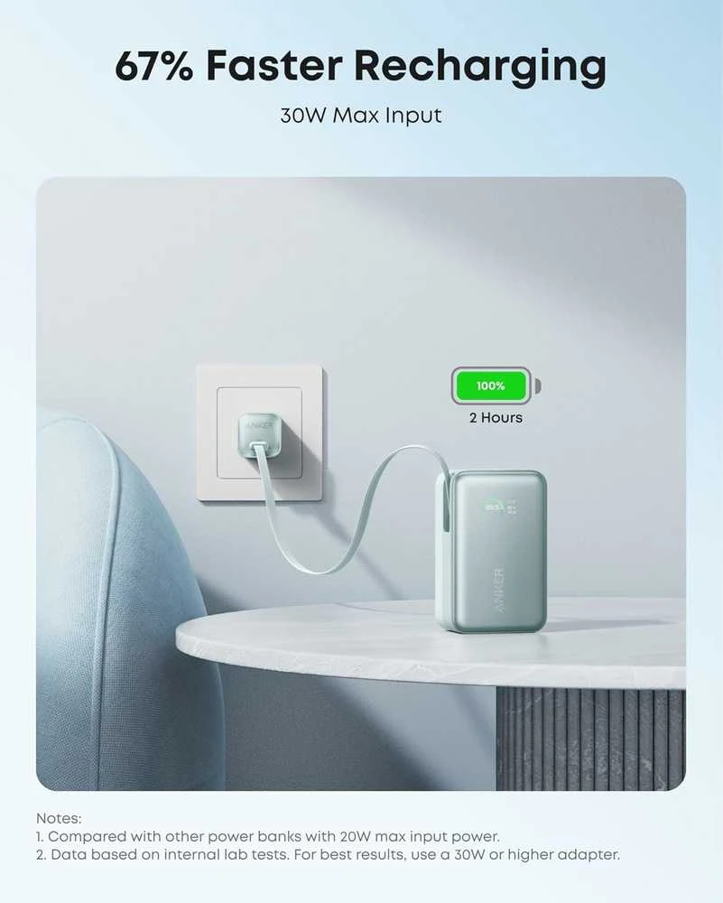 Anker Nano išorinis baterijos bankas 10000 mAh, 45 W su įtraukiamu 70 cm USB‑C kabeliu, žalias