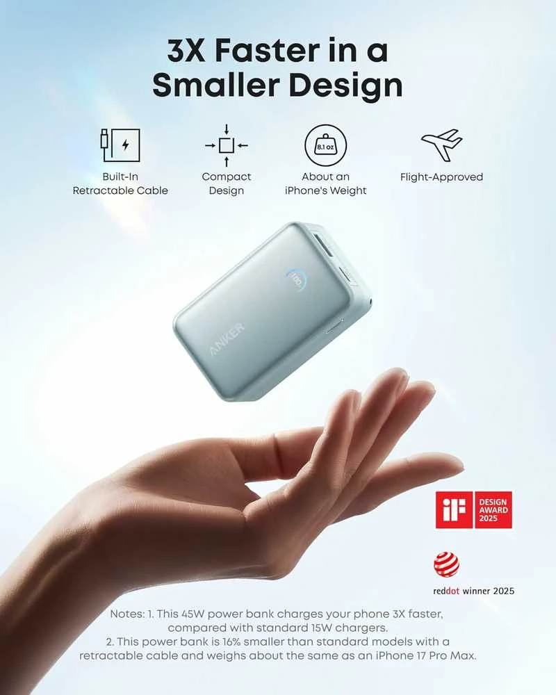 Anker Nano išorinis baterijos bankas 10000 mAh, 45 W su įtraukiamu 70 cm USB‑C kabeliu, žalias