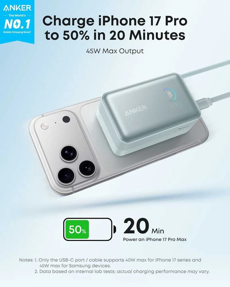 Anker Nano išorinis baterijos bankas 10000 mAh, 45 W su įtraukiamu 70 cm USB‑C kabeliu, žalias
