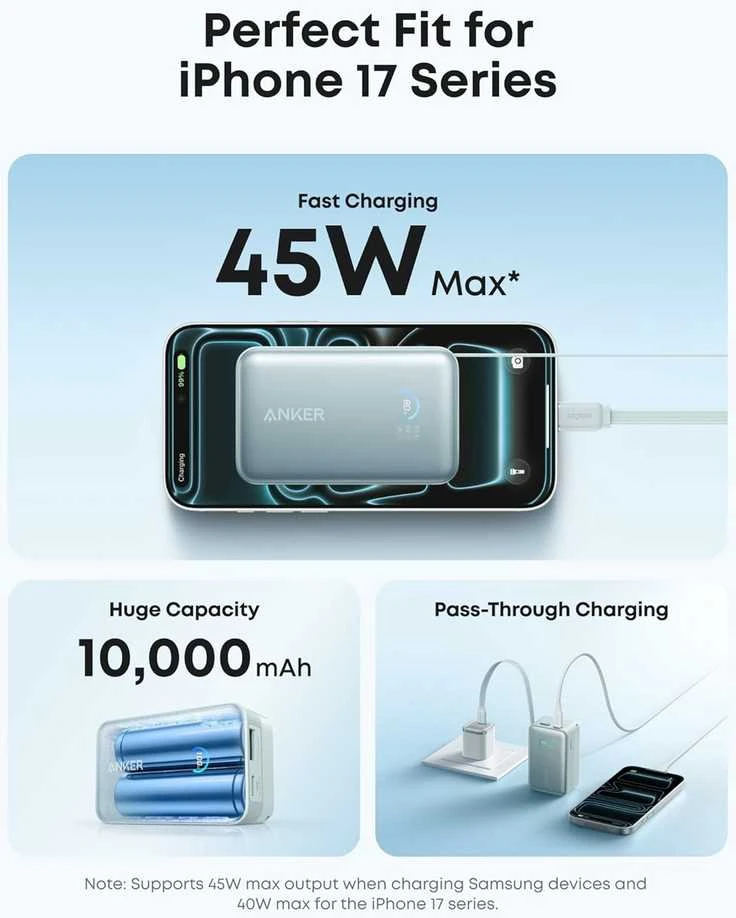 Anker Nano išorinis baterijos bankas 10000 mAh, 45 W su įtraukiamu 70 cm USB‑C kabeliu, žalias