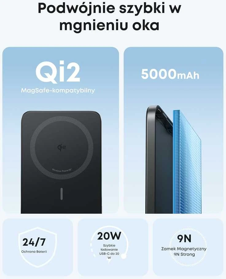 Anker Nano magnetinis power bankas 5000 mAh, 15 W MagSafe suderinama belaidė baterija, juodas