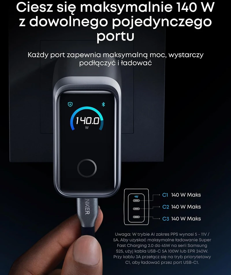 Anker Prime Charger, 3 Ports, 160W, Sidabrinis