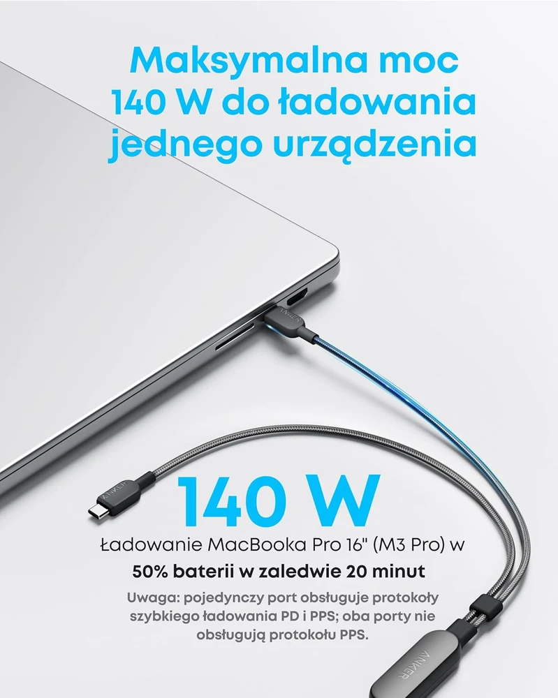Anker USB-C į USB-C 2‑in‑1 įkrovimo kabelis, 140 W, 1.2 m, juodas