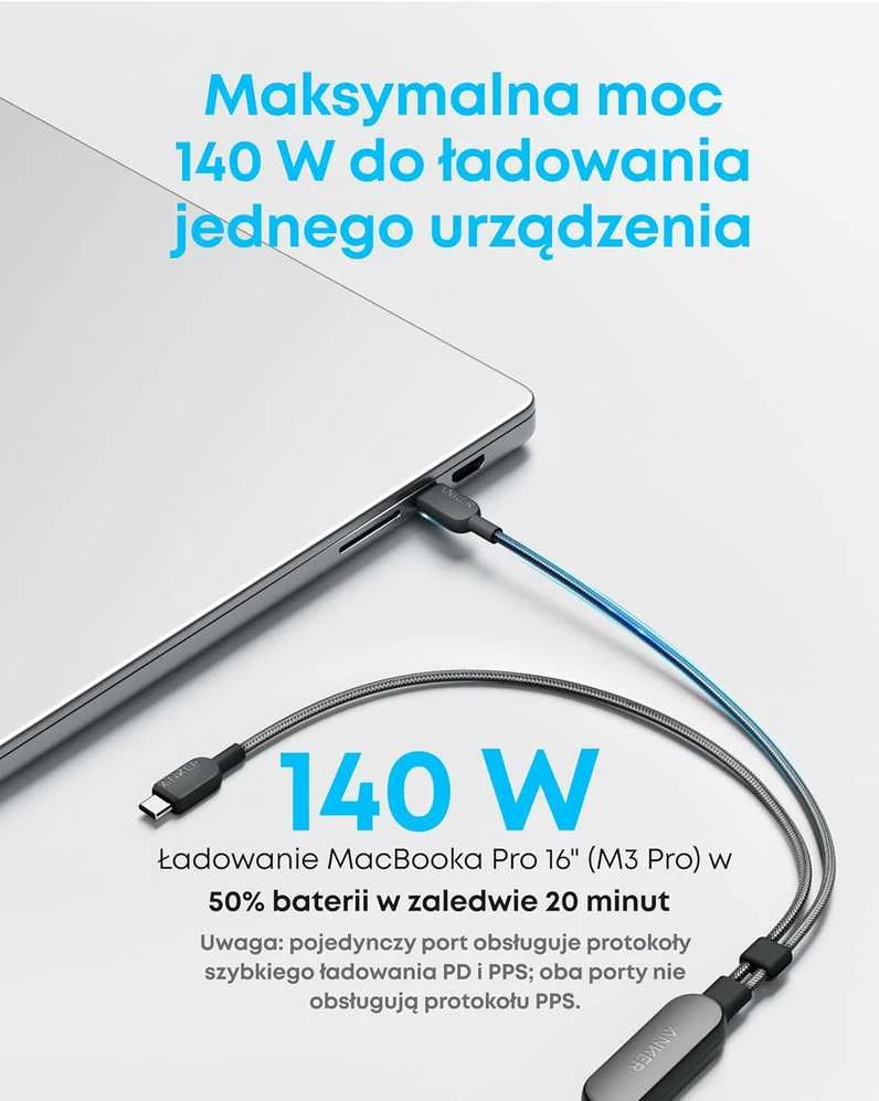 Anker USB-C į USB-C 2‑in‑1 įkrovimo kabelis, 140 W, 1.2 m, juodas