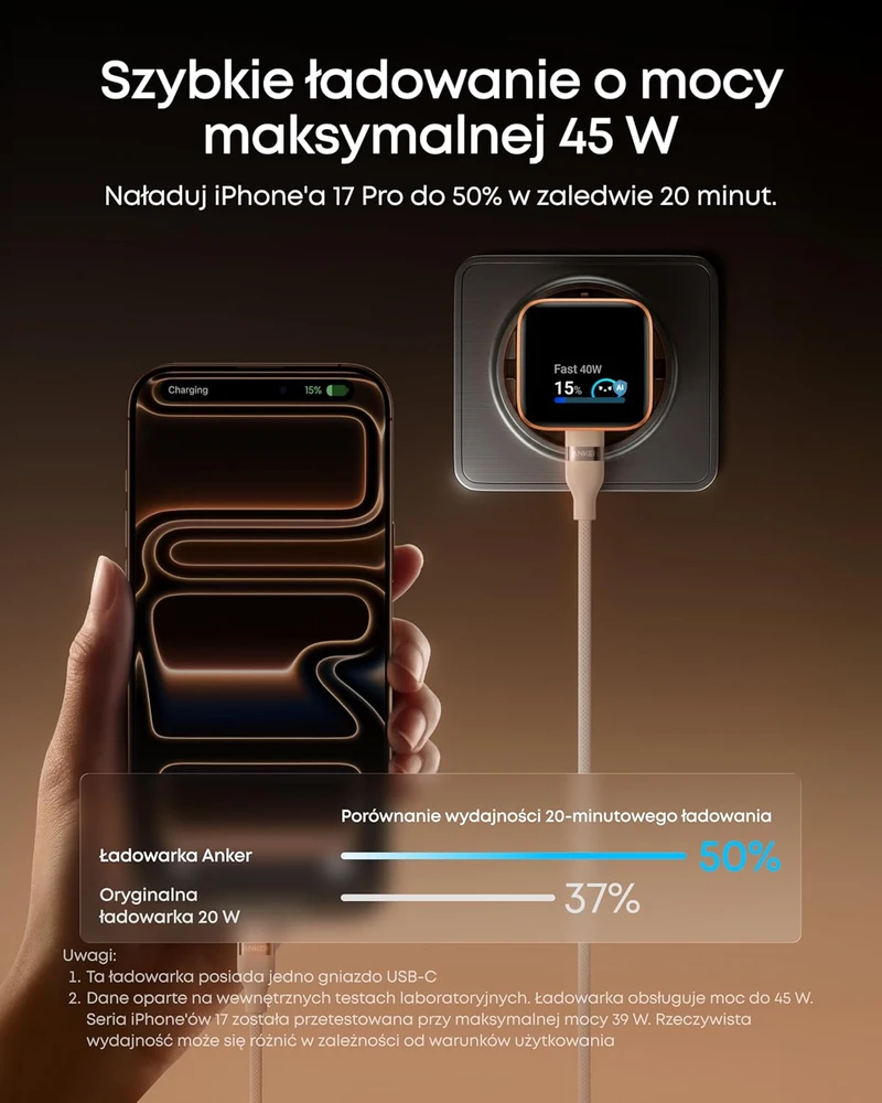 Anker USB-C įkroviklis 45 W su išmaniuoju ekranu, suderinamas su iPhone 17/16/15, A121D
