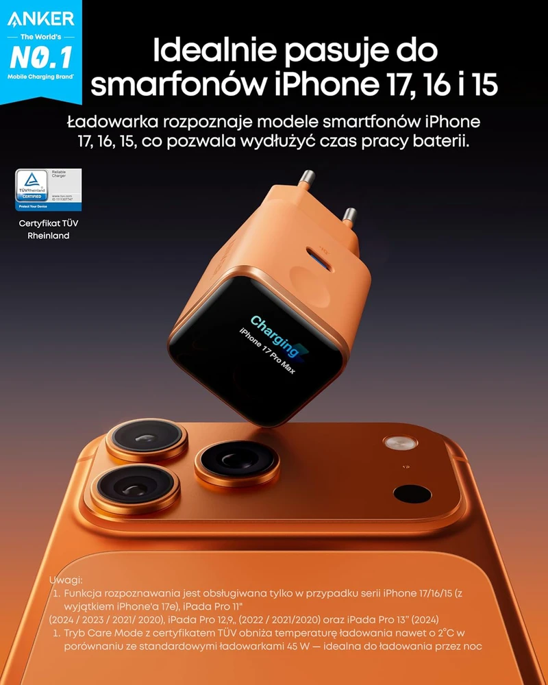 Anker USB-C įkroviklis 45 W su išmaniuoju ekranu, suderinamas su iPhone 17/16/15, A121D