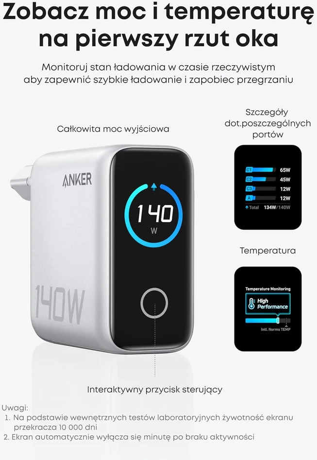 Anker USB-C kroviklis 140W, 4 lizdų, su ekranu, Power Delivery 3.1, sidabrinis, B2697