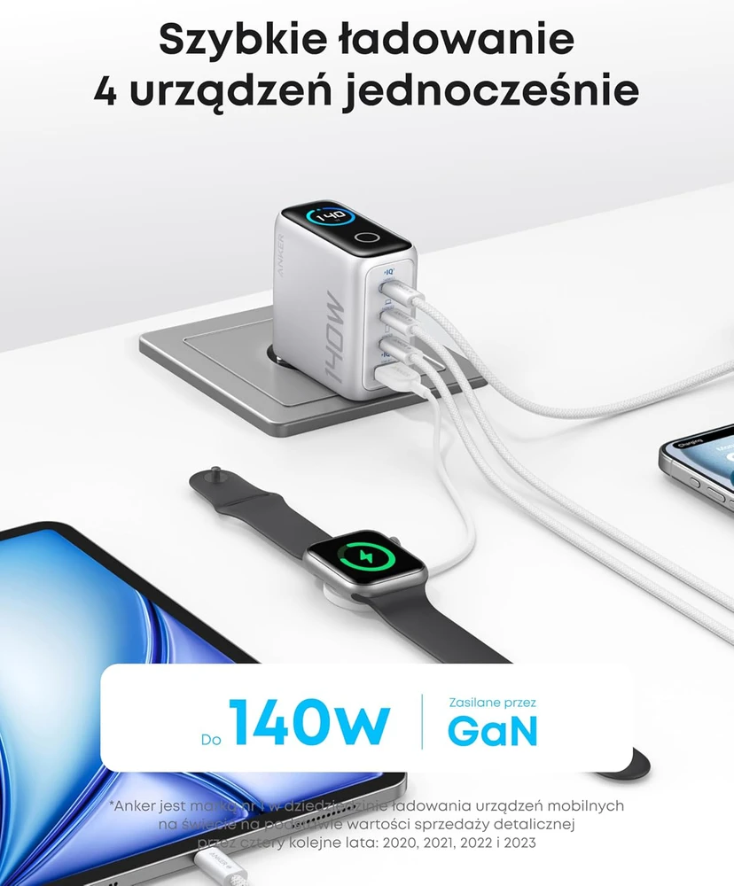 Anker USB-C kroviklis 140W, 4 lizdų, su ekranu, Power Delivery 3.1, sidabrinis, B2697