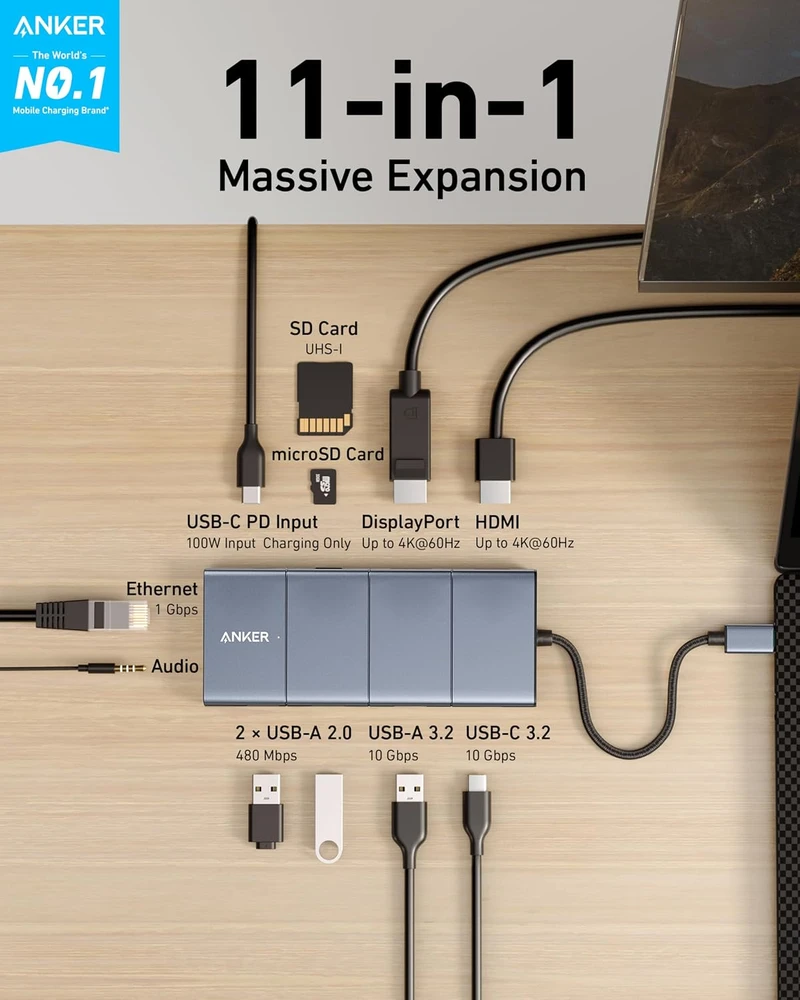 Anker USB-C šakotuvas 11 viename su HDMI, DisplayPort, Ethernet, 100 W PD, A8388