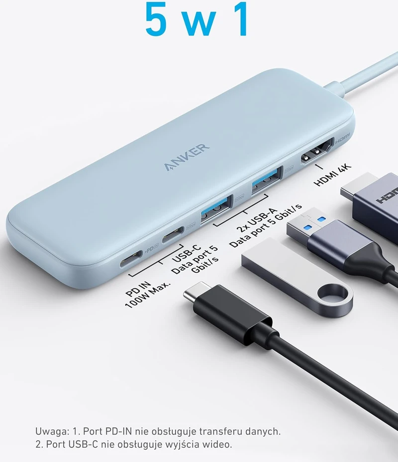 Anker USB-C šakotuvas 332 5 viename su HDMI 4K, USB-A ir 100 W PD A8355
