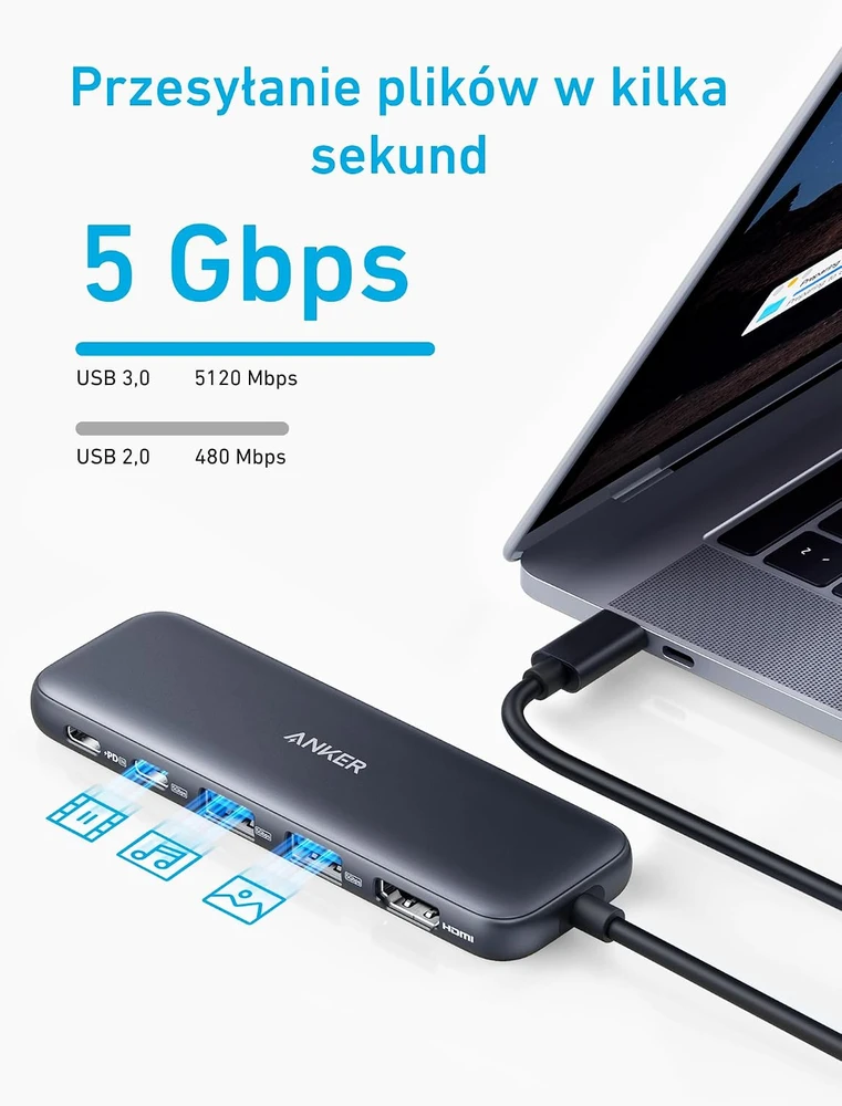 Anker USB-C šakotuvas 5 viename su 4K HDMI, 3 USB 5 Gb/s ir 85 W PD, A8355011