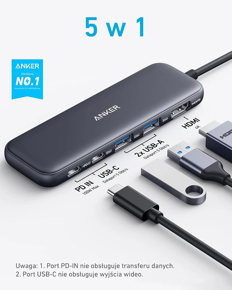 Anker USB-C šakotuvas 5 viename su 4K HDMI, 3 USB 5 Gb/s ir 85 W PD, A8355011